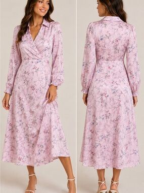Koko + Mason Pink Floral Satin like Midi Dress Medium